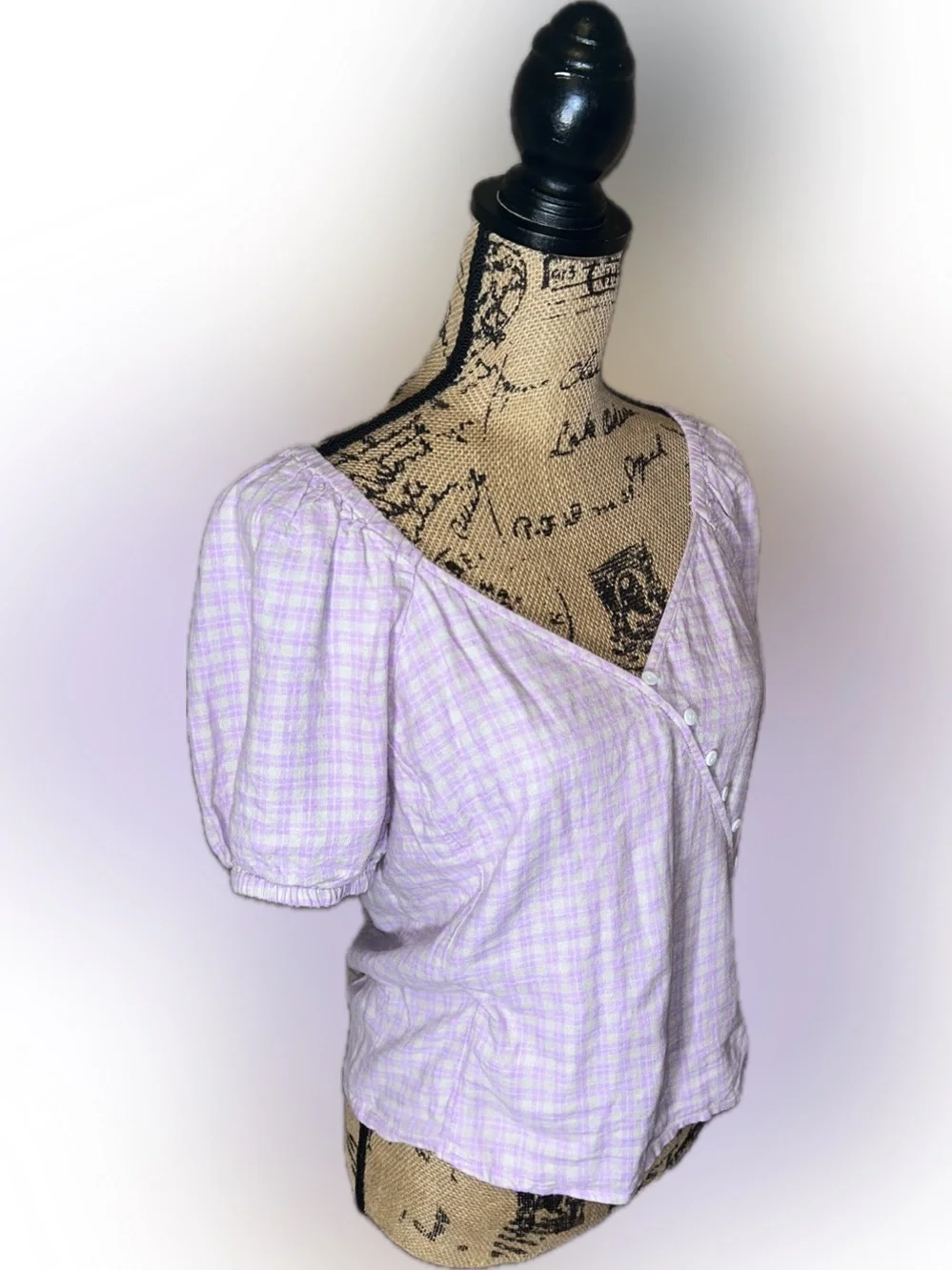 Madewell Tan Pink Gingham Puff-Sleeve Linen Blend Button Wrap Cottagecore Top S